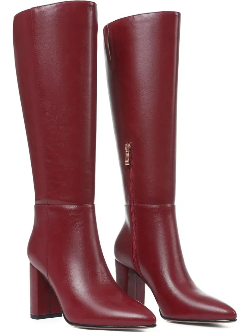 Women's Burgundy Chunky Heel Pointed Toe Non Slip Side Zipper Knee High Boots